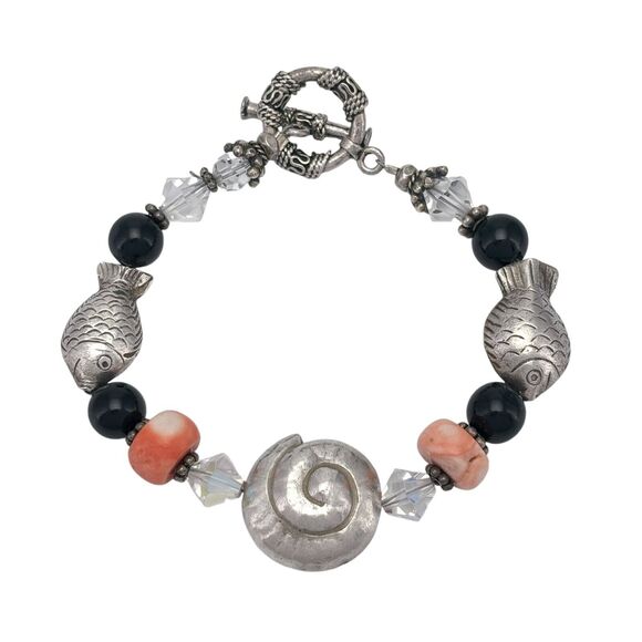 Vintage Sterling Silver 925 Nautical Fish Shell Beaded Charm Bracelet 7.5" - Picture 2 of 5